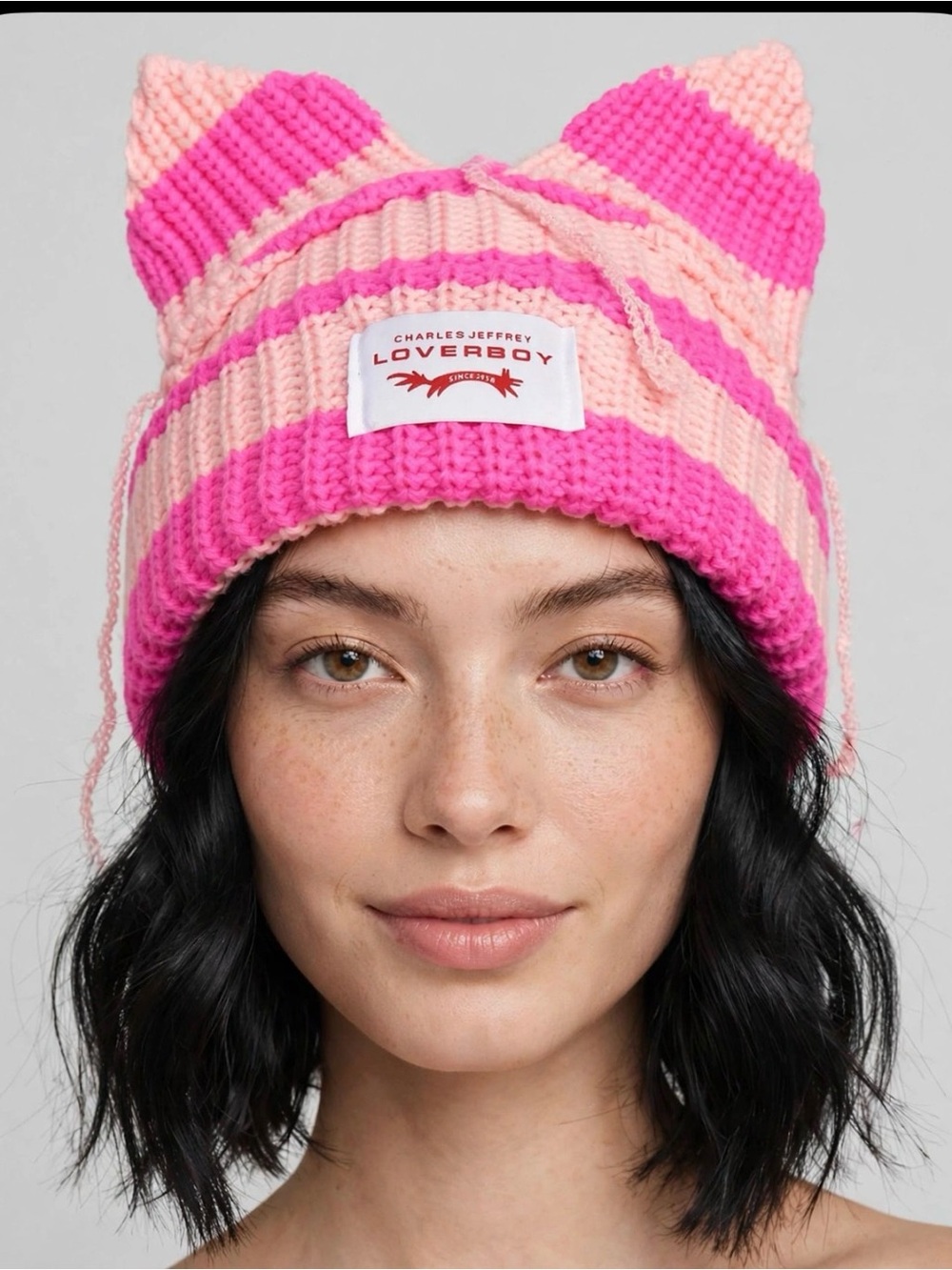 Charles Jeffrey Loverboy Pink Striped Cat Ear Beanie Unisex